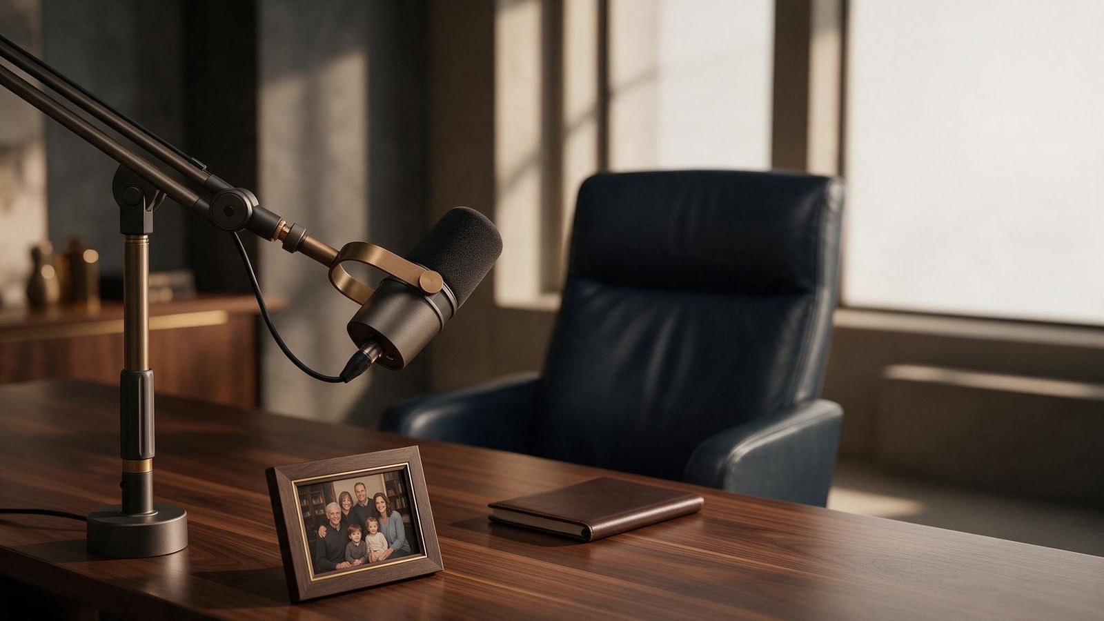 A podcast microphone on a walnut desk facing an empty leather executive chair, ready for an interview